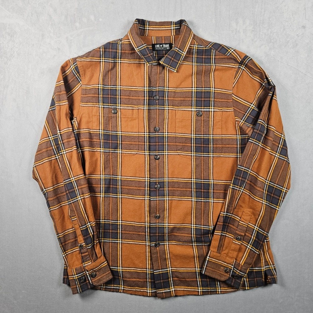 Line of Trade Flannel Shirt Mens Medium Brown Orange Plaid Button Up Fall - Picture 2 of 9